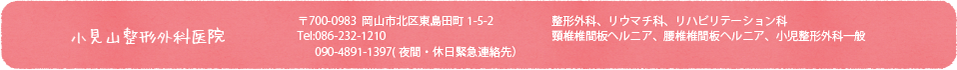 〒700-0983 岡山市北区東島田町1-5-2 TEL:086-232-1210 整形外科、リウマチ科、リハビリテーション科、頸椎椎間板ヘルニア、腰椎椎間板ヘルニア、小児整形外科一般